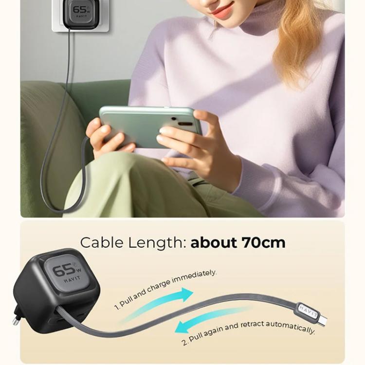 Havit UC253 65W 3-in-1 GaN Reise-Ladegerät mit einziehbarem USB-C Kabel, UC253 (EU Stecker)