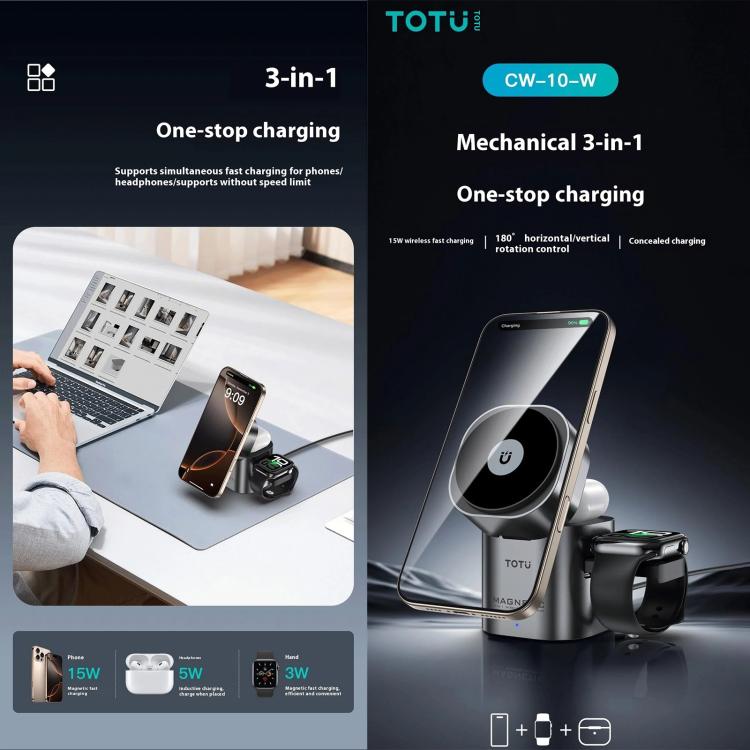 TOTU CW-10-W Kabellose Ladestation 3 in 1 Drehbare magnetische Ladestation für Telefon, Ohrhörer, Uhr, CW-10-W