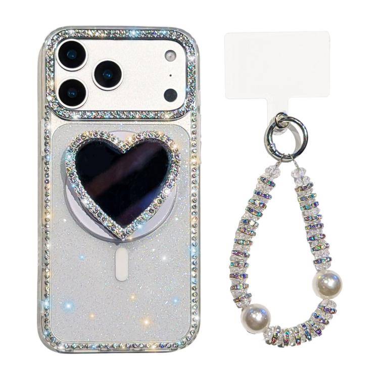 Funkelnde IMD Herzförmige Spiegel Magnetische Handyhülle mit Armband, Für iPhone 17 Pro Max, Für iPhone 17 Pro, Für iPhone 17, Für iPhone Air, Für iPhone 16 Pro Max, Für iPhone 16 Pro, Für iPhone 16, Für iPhone 15 Pro Max