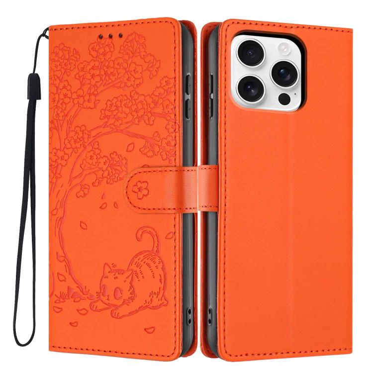 Tree Cat geprägte Flip-Hülle aus veganem Leder, Für iPhone 16 Pro, Für iPhone 16 Plus, Für iPhone 16, Für iPhone 15 Pro Max, Für iPhone 15 Pro, Für iPhone 15 Plus