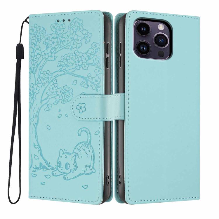 Tree Cat Embossed Flip Vegan Leather Phone Case, For iPhone 14 Pro Max, For iPhone 13 Pro Max, For iPhone 13 Pro, For iPhone 13, For iPhone 12 Pro Max, For iPhone 12 / 12 Pro