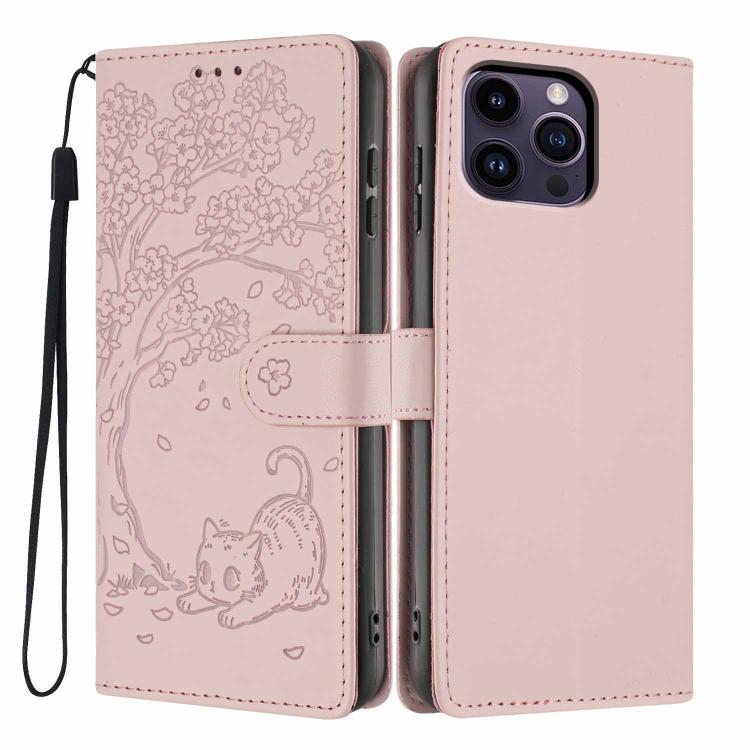Tree Cat Embossed Flip Vegan Leather Phone Case, For iPhone 14 Pro Max, For iPhone 13 Pro Max, For iPhone 13 Pro, For iPhone 13, For iPhone 12 Pro Max, For iPhone 12 / 12 Pro