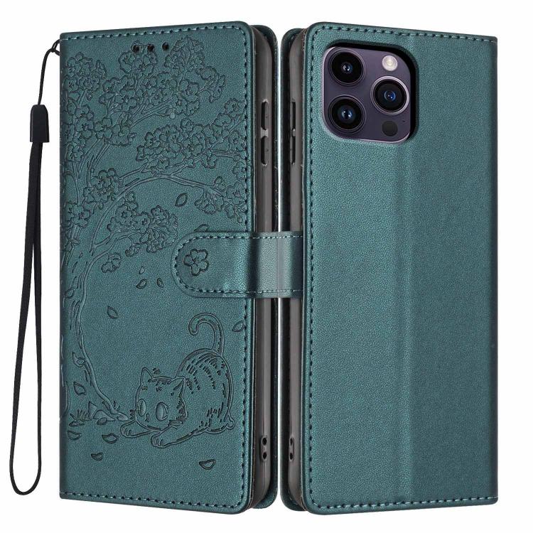 Tree Cat Embossed Flip Vegan Leather Phone Case, For iPhone 14 Pro Max, For iPhone 13 Pro Max, For iPhone 13 Pro, For iPhone 13, For iPhone 12 Pro Max, For iPhone 12 / 12 Pro