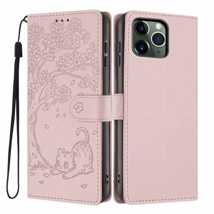 Tree Cat Embossed Flip Vegan Leather Phone Case, For iPhone 11 Pro