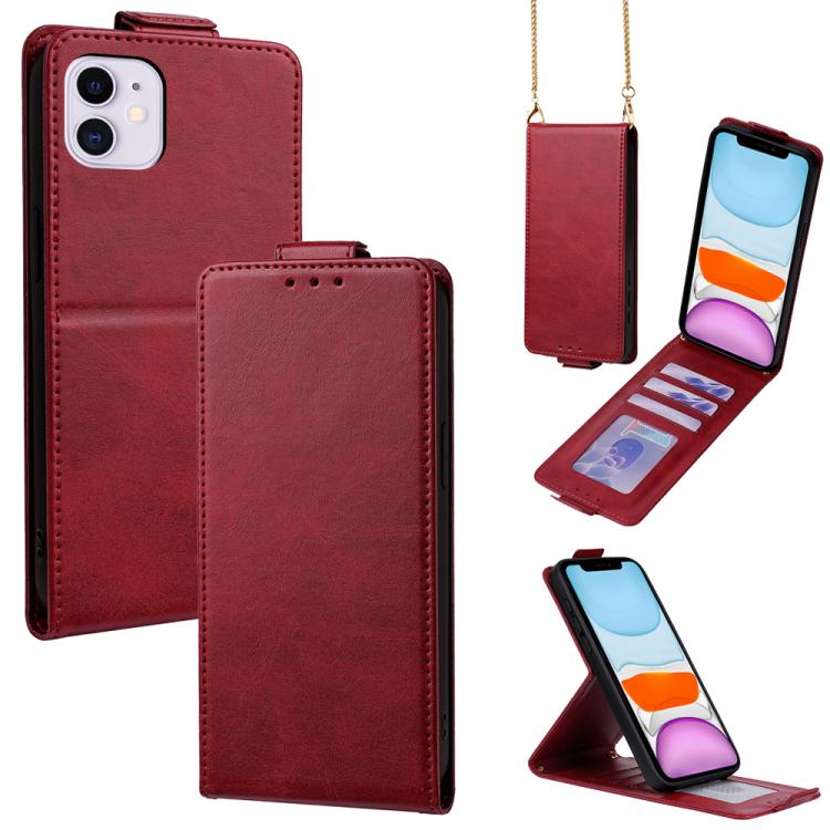 Vertikale Klapphülle Einfarbig Veganes Leder Handyhülle mit Umhängekette, Für iPhone 11 Pro Max, Für iPhone 11, Für iPhone 11 Pro