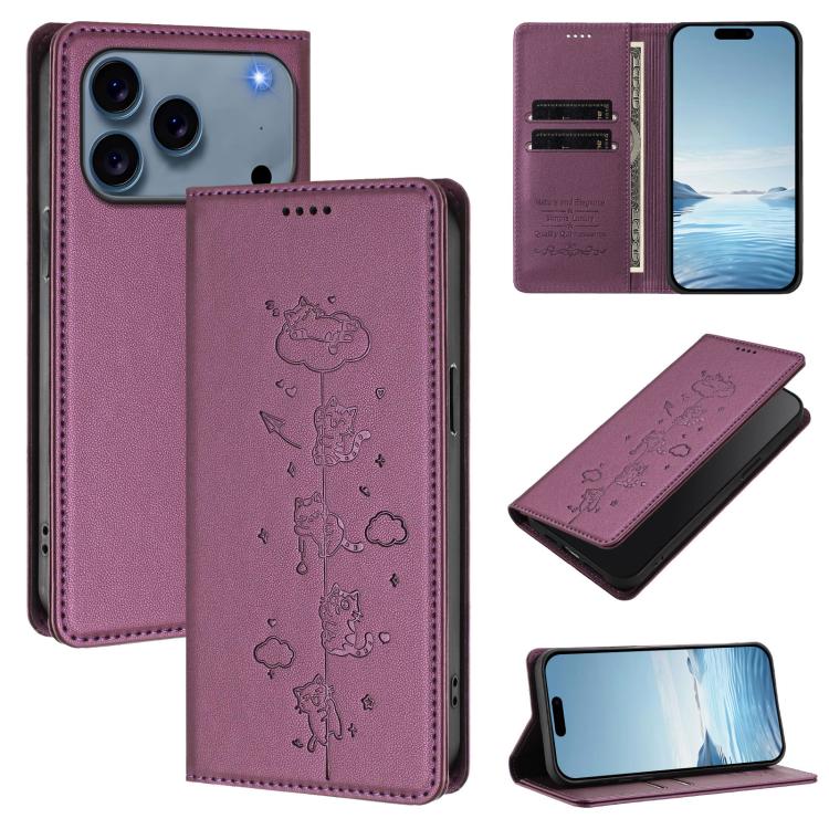 Niedliche Katzen Prägung Magnetische RFID Vegane Leder Handyhülle, Für iPhone 17e / 16e, Für iPhone 17 Pro Max, Für iPhone 17 Pro, Für iPhone 17