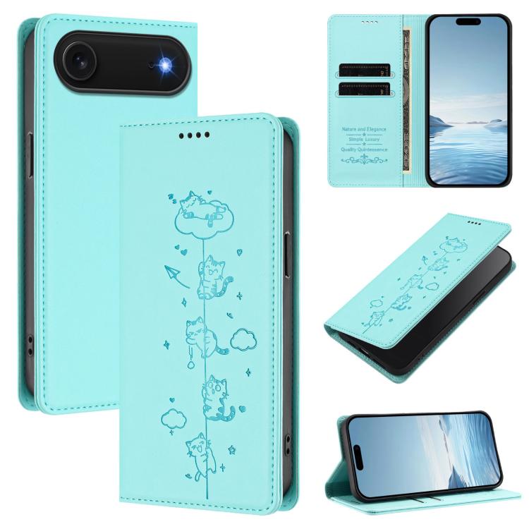 Niedliche Katzen Prägung Magnetische RFID Vegane Leder Handyhülle, Für iPhone Air, Für iPhone 16 Pro Max, Für iPhone 16 Pro, Für iPhone 16 Plus