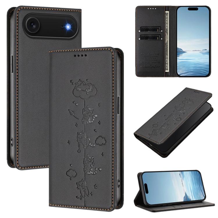 Niedliche Katzen Prägung Magnetische RFID Vegane Leder Handyhülle, Für iPhone Air, Für iPhone 16 Pro Max, Für iPhone 16 Pro, Für iPhone 16 Plus