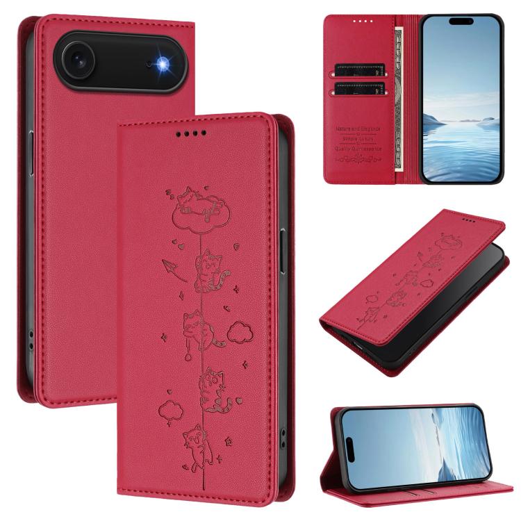 Niedliche Katzen Prägung Magnetische RFID Vegane Leder Handyhülle, Für iPhone Air, Für iPhone 16 Pro Max, Für iPhone 16 Pro, Für iPhone 16 Plus