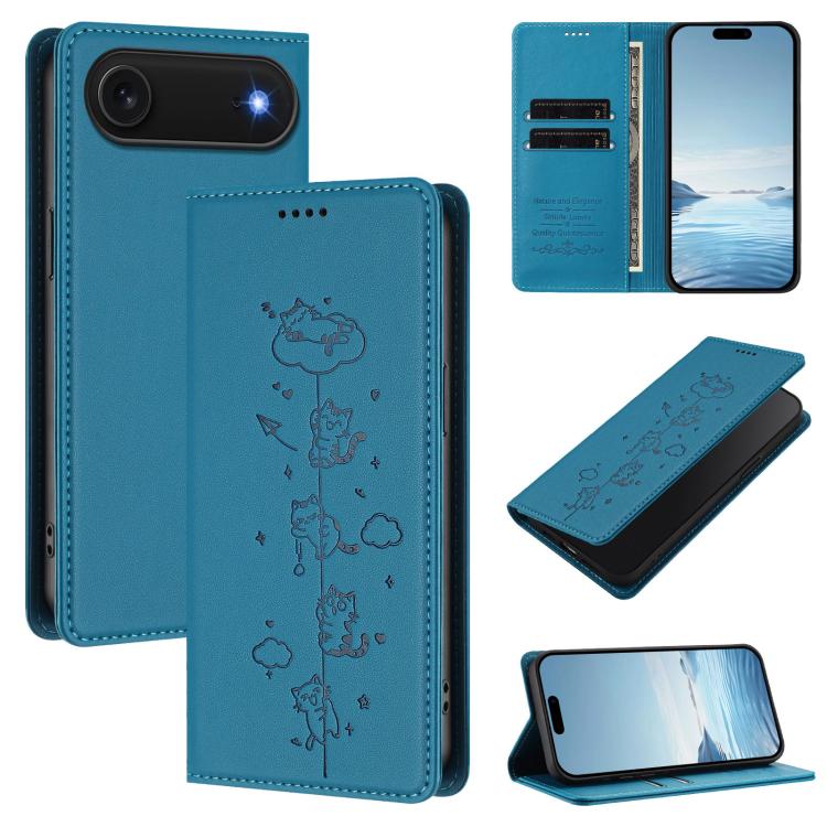 Niedliche Katzen Prägung Magnetische RFID Vegane Leder Handyhülle, Für iPhone Air, Für iPhone 16 Pro Max, Für iPhone 16 Pro, Für iPhone 16 Plus