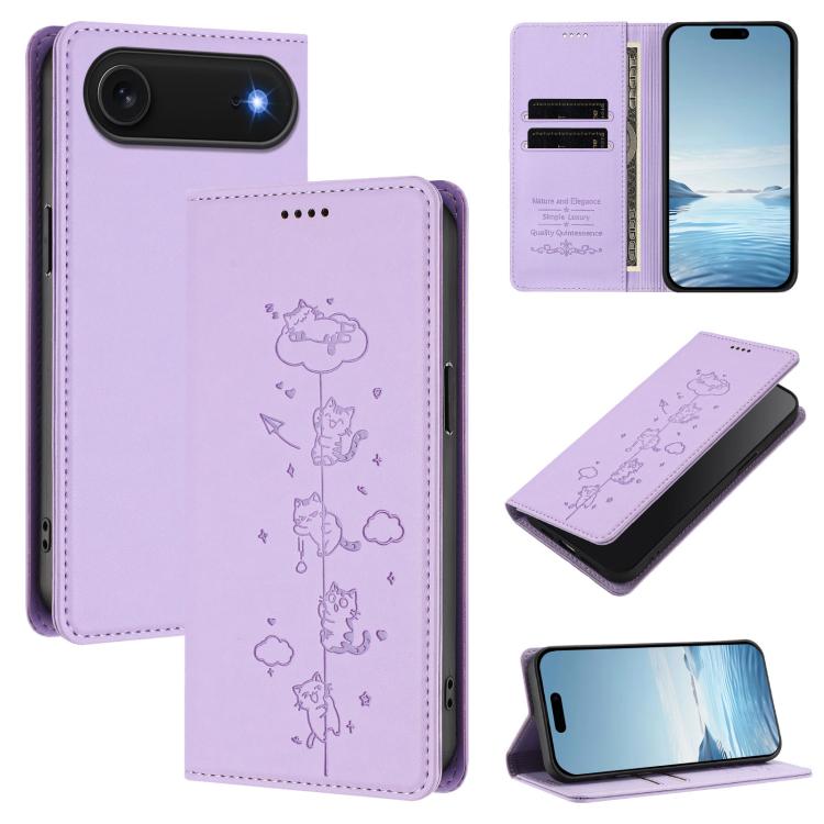 Niedliche Katzen Prägung Magnetische RFID Vegane Leder Handyhülle, Für iPhone Air, Für iPhone 16 Pro Max, Für iPhone 16 Pro, Für iPhone 16 Plus