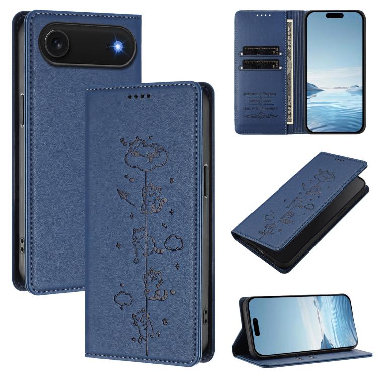 Niedliche Katzen Prägung Magnetische RFID Vegane Leder Handyhülle, Für iPhone Air, Für iPhone 16 Pro Max, Für iPhone 16 Pro, Für iPhone 16 Plus