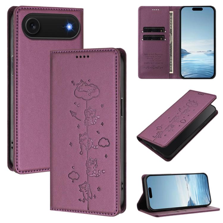 Niedliche Katzen Prägung Magnetische RFID Vegane Leder Handyhülle, Für iPhone Air, Für iPhone 16 Pro Max, Für iPhone 16 Pro, Für iPhone 16 Plus