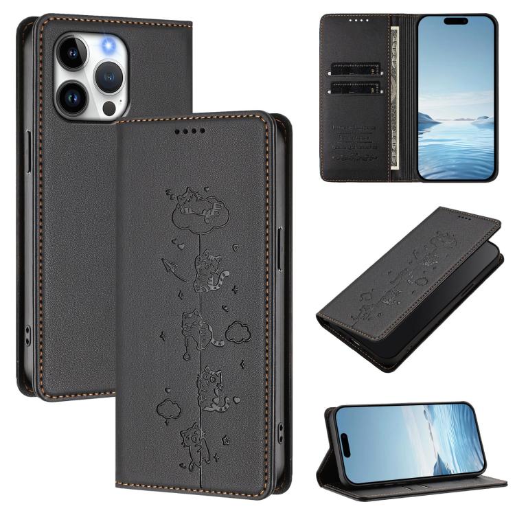 Niedliche Katzen Prägung Magnetische RFID Vegane Leder Handyhülle, Für iPhone Air, Für iPhone 16 Pro Max, Für iPhone 16 Pro, Für iPhone 16 Plus