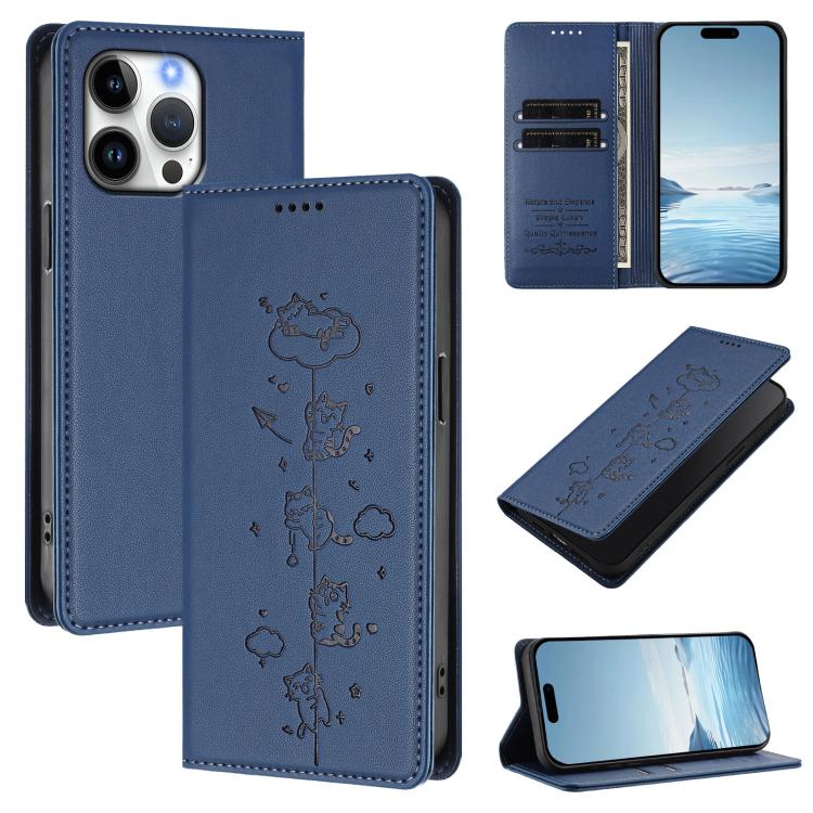 Niedliche Katzen Prägung Magnetische RFID Vegane Leder Handyhülle, Für iPhone Air, Für iPhone 16 Pro Max, Für iPhone 16 Pro, Für iPhone 16 Plus