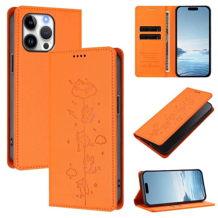 Niedliche Katzen Prägung Magnetische RFID Vegane Leder Handyhülle, Für iPhone Air, Für iPhone 16 Pro Max, Für iPhone 16 Pro, Für iPhone 16 Plus
