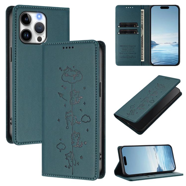 Niedliche Katzen Prägung Magnetische RFID Vegane Leder Handyhülle, Für iPhone Air, Für iPhone 16 Pro Max, Für iPhone 16 Pro, Für iPhone 16 Plus
