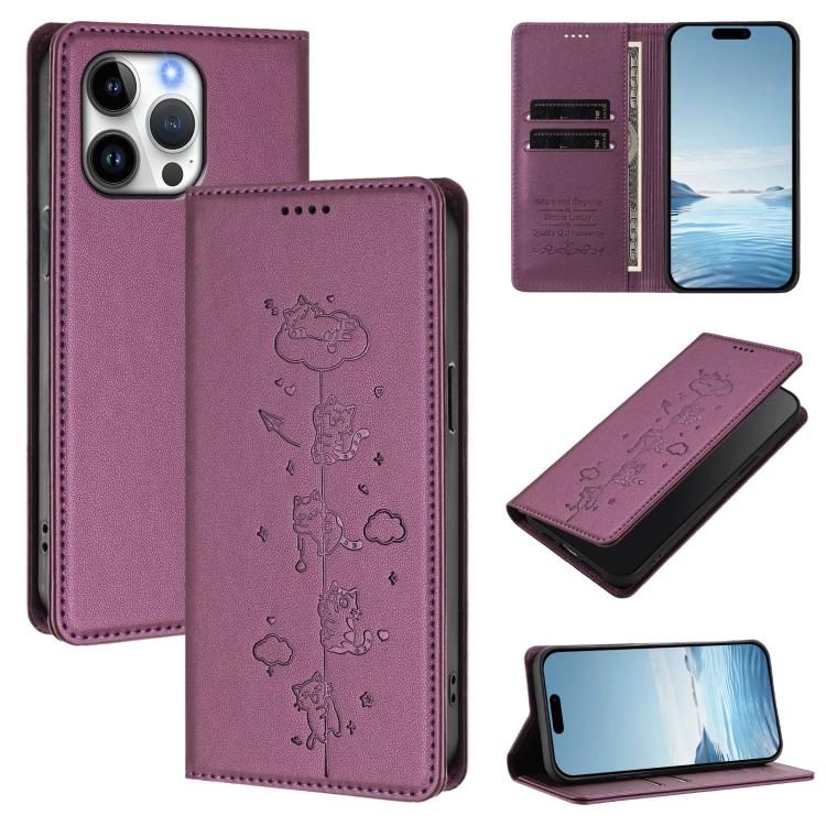 Niedliche Katzen Prägung Magnetische RFID Vegane Leder Handyhülle, Für iPhone Air, Für iPhone 16 Pro Max, Für iPhone 16 Pro, Für iPhone 16 Plus