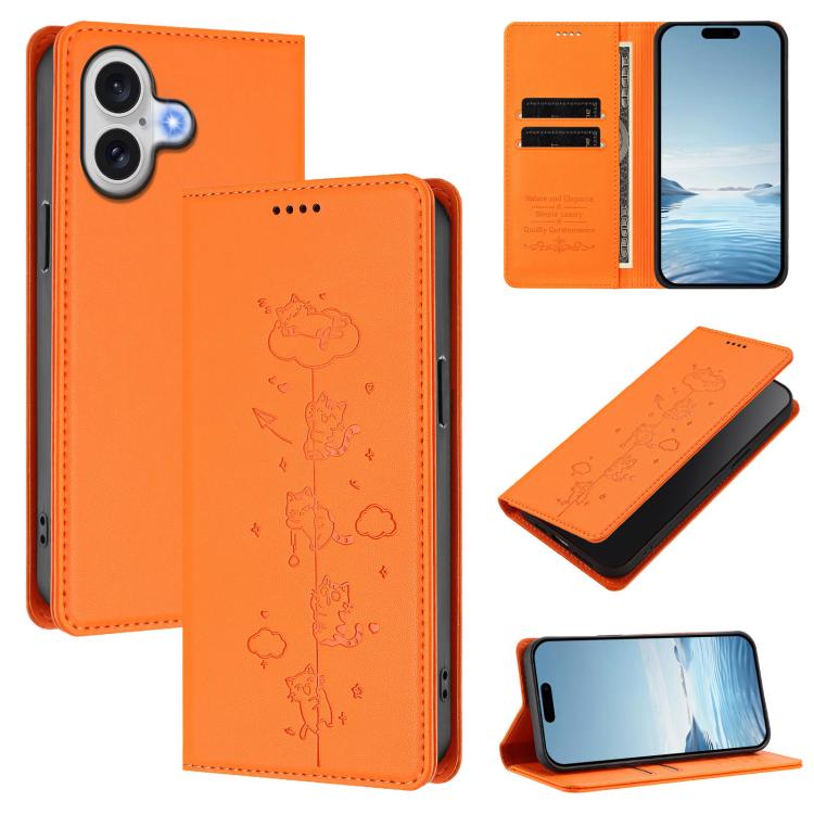 Niedliche Katzen Prägung Magnetische RFID Vegane Leder Handyhülle, Für iPhone Air, Für iPhone 16 Pro Max, Für iPhone 16 Pro, Für iPhone 16 Plus