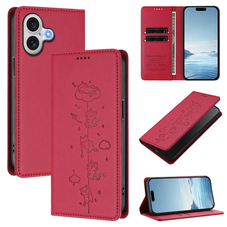 Niedliche Katzen Prägung Magnetische RFID Vegane Leder Handyhülle, Für iPhone Air, Für iPhone 16 Pro Max, Für iPhone 16 Pro, Für iPhone 16 Plus