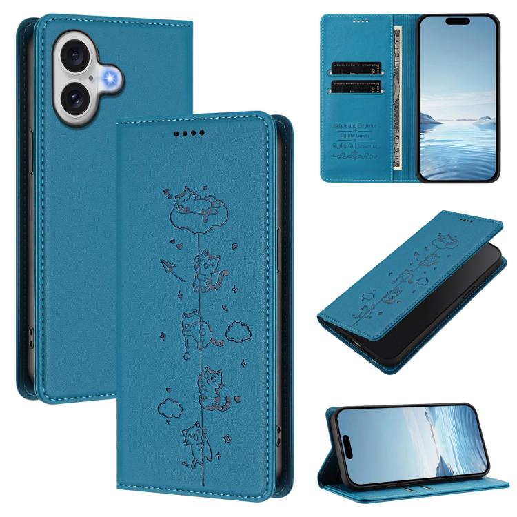 Niedliche Katzen Prägung Magnetische RFID Vegane Leder Handyhülle, Für iPhone Air, Für iPhone 16 Pro Max, Für iPhone 16 Pro, Für iPhone 16 Plus