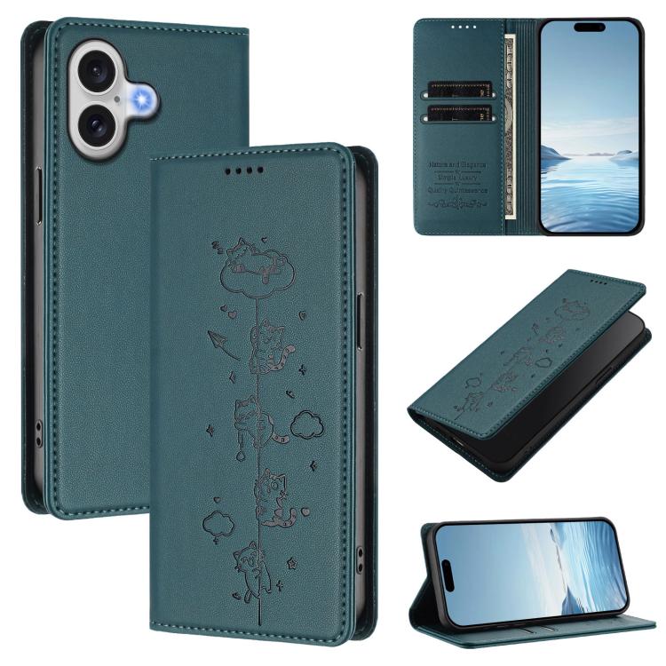 Niedliche Katzen Prägung Magnetische RFID Vegane Leder Handyhülle, Für iPhone Air, Für iPhone 16 Pro Max, Für iPhone 16 Pro, Für iPhone 16 Plus