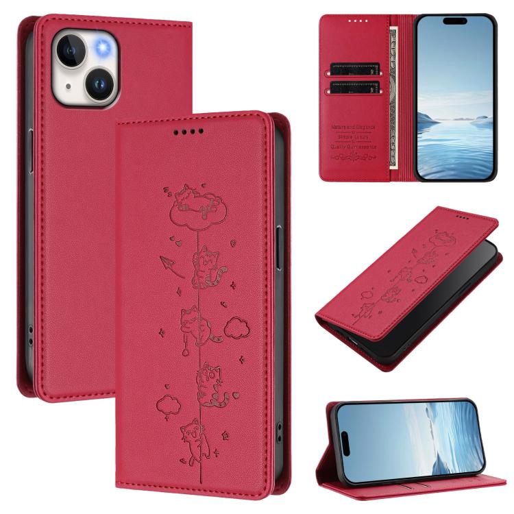 Cute Cats Embossed Magnetic RFID Vegan Leather Phone Case, For iPhone 15, For iPhone 14 Plus, For iPhone 14 / 13, For iPhone 14 Pro