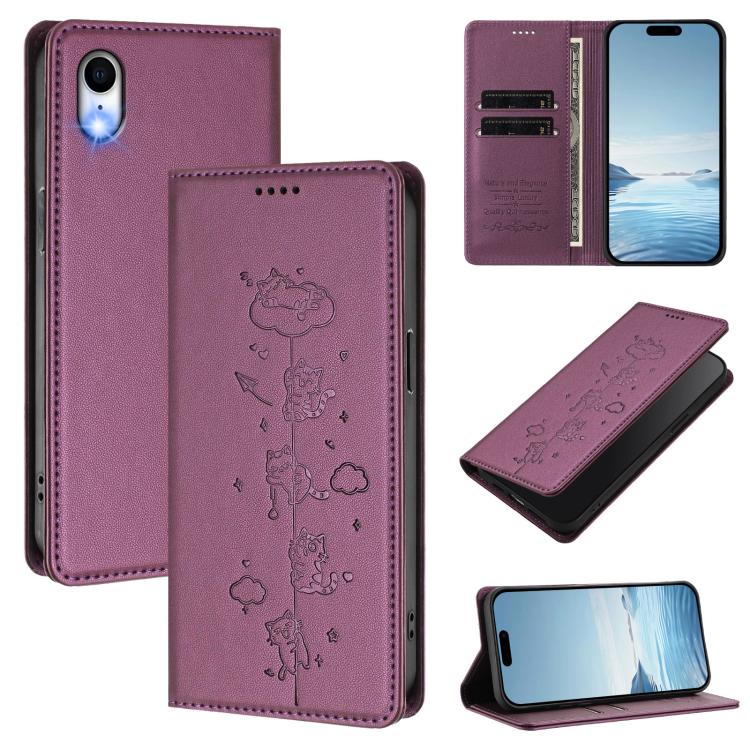 Cute Cats Embossed Magnetic RFID Vegan Leather Phone Case, For iPhone X / XS, For iPhone XR, For iPhone XS Max, For iPhone 8 Plus / 7 Plus
