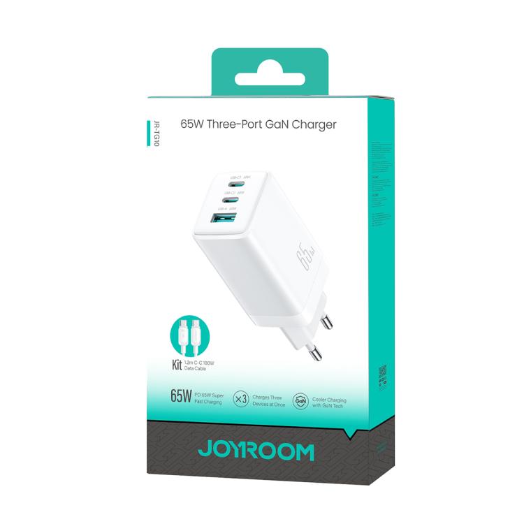 JOYROOM JR-TG10 65W GaN Dual Type-C, USB 3-Port Ladegerät mit Type-C-zu-Type-C-Kabel, EU-Stecker, UK-Stecker