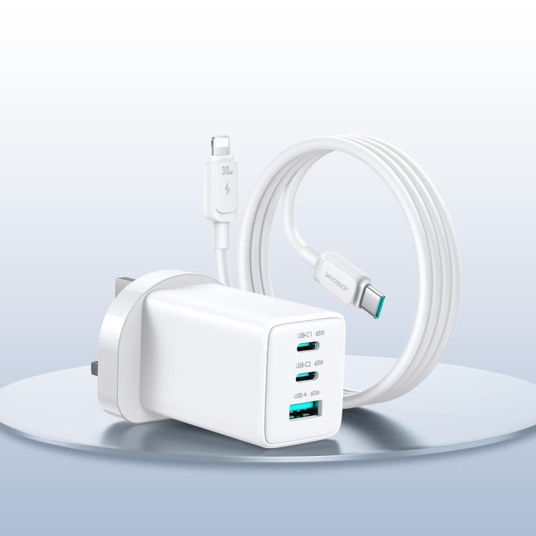 JOYROOM JR-TG10 65W GaN Dual Type-C, USB 3-Port Ladegerät mit Type-C-zu-8-Pin-Kabel, EU-Stecker, UK-Stecker