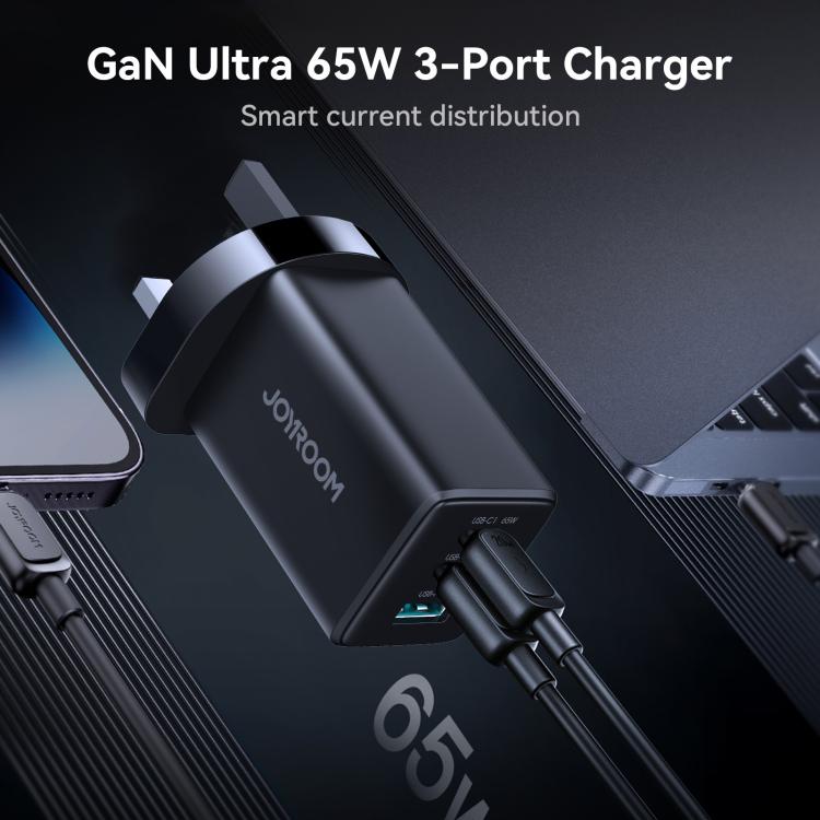 JOYROOM JR-TG10 65W GaN Dual Type-C, USB 3-Port Ladegerät mit Type-C-zu-8-Pin-Kabel, EU-Stecker, UK-Stecker