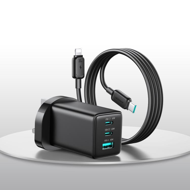 JOYROOM JR-TG10 65W GaN Dual Type-C, USB 3-Port Ladegerät mit Type-C-zu-8-Pin-Kabel, EU-Stecker, UK-Stecker
