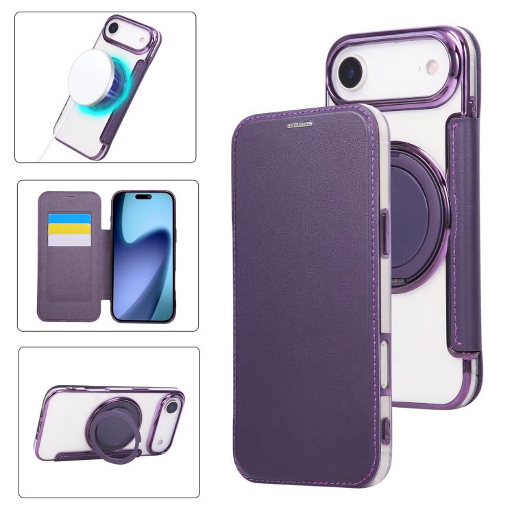 Ultradünner Drehbarer Halter Magnetische Beschichtung Vegane Leder Handyhülle, Für iPhone 17e / 16e, Für iPhone 17 Pro Max, Für iPhone 17 Pro, Für iPhone 17, Für iPhone Air, Für iPhone 16 Pro Max