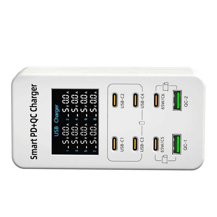 A8C 2 x USB-A und 6 x USB-C / Typ-C Anschlüsse Desktop Digitalanzeige Multi-Port-Ladegerät, US-Stecker, EU-Stecker, UK-Stecker, AU-Stecker