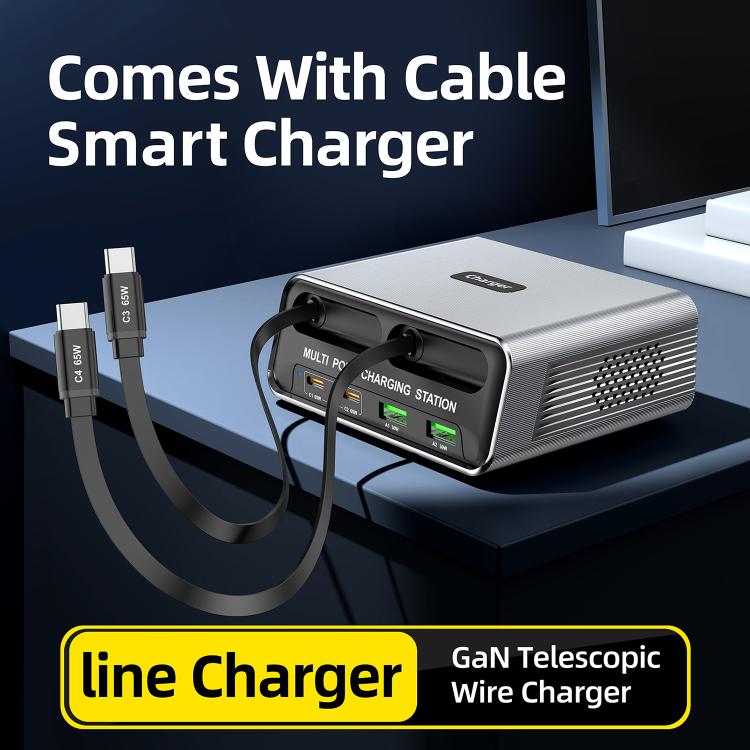 WXL-60C 6-in-1 Desktop Multi Ports Charging Station Built-in Dual Telescopic Cables, WXL-60C