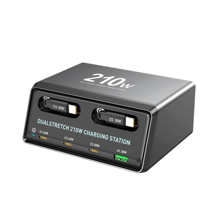 WXL-60E 210W 6-in-1 Desktop Multi-Port Ladestation mit eingebauten Dual-Teleskopkabeln, WXL-60E
