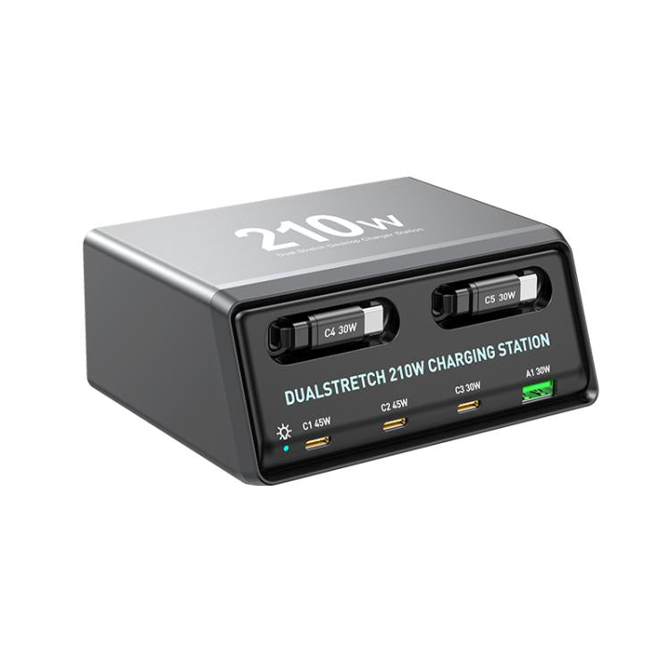 WXL-60E 210W 6-in-1 Desktop Multi-Port Ladestation mit eingebauten Dual-Teleskopkabeln, WXL-60E