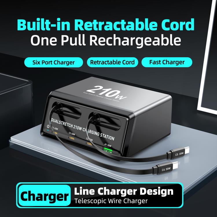 WXL-60E 210W 6-in-1 Desktop Multi-Port Ladestation mit eingebauten Dual-Teleskopkabeln, WXL-60E