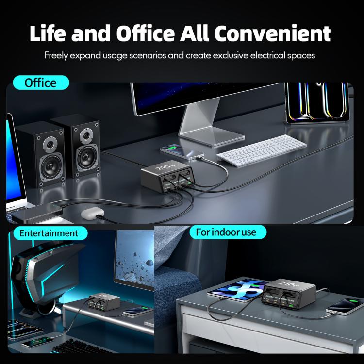 WXL-60E 210W 6-in-1 Desktop Multi-Port Ladestation mit eingebauten Dual-Teleskopkabeln, WXL-60E