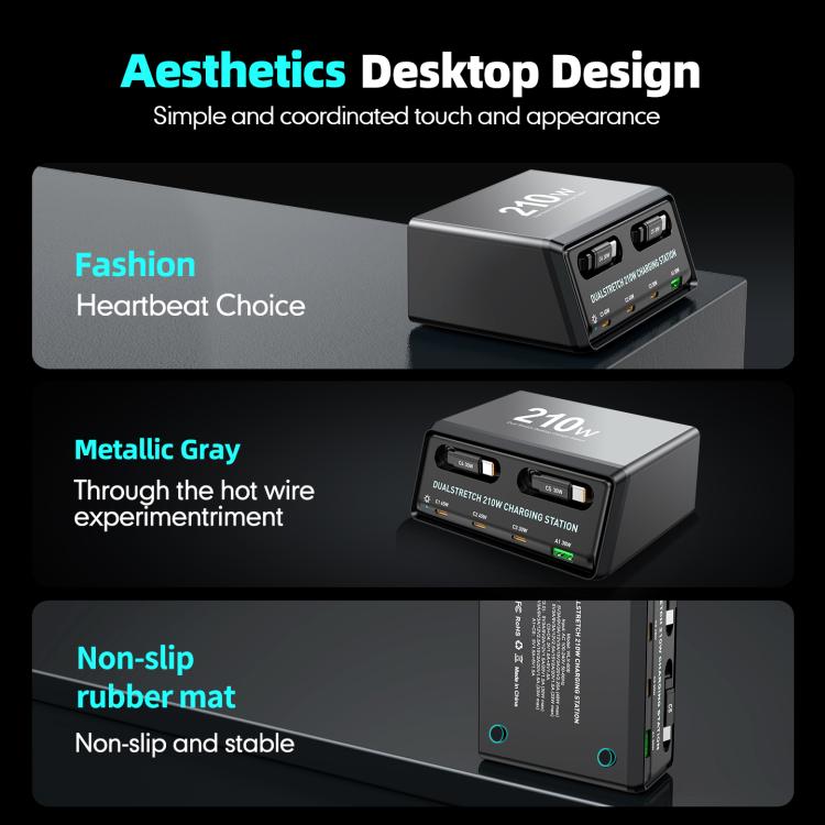 WXL-60E 210W 6-in-1 Desktop Multi-Port Ladestation mit eingebauten Dual-Teleskopkabeln, WXL-60E