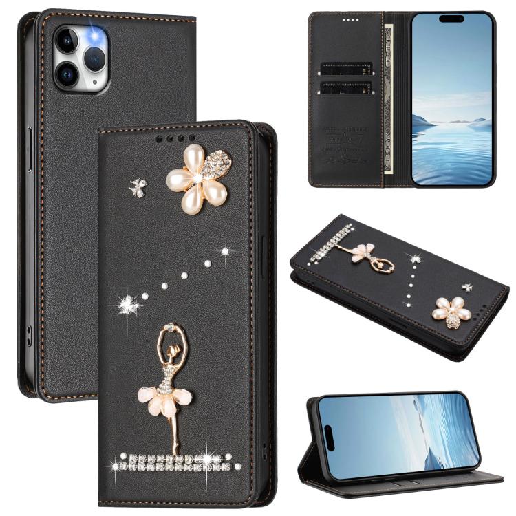Ballet Girl Diamond Studded RFID Vegan Leather Phone Case, For iPhone 13 Pro, For iPhone 12 / 12 Pro, For iPhone 12 Pro Max, For iPhone 11 Pro Max, For iPhone 11, For iPhone 11 Pro
