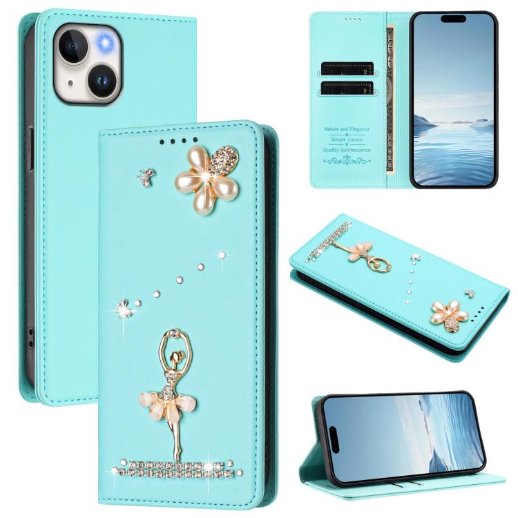 Ballettmädchen Diamantbesetzte RFID Vegane Leder-Handyhülle, Für iPhone 15, Für iPhone 14 Plus, Für iPhone 14 / 13, Für iPhone 14 Pro, Für iPhone 14 Pro Max, Für iPhone 13 Pro Max