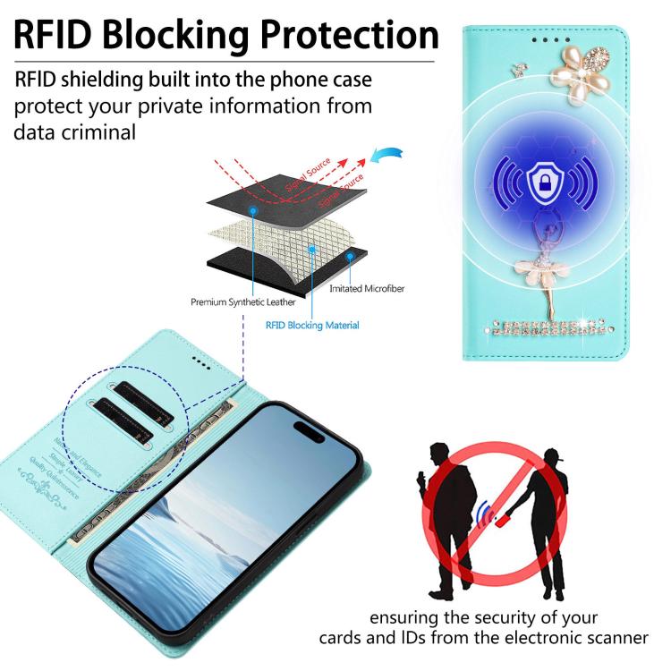 Ballet Girl Diamond Studded RFID Vegan Leather Phone Case, For iPhone 15, For iPhone 14 Plus, For iPhone 14 / 13, For iPhone 14 Pro, For iPhone 14 Pro Max, For iPhone 13 Pro Max