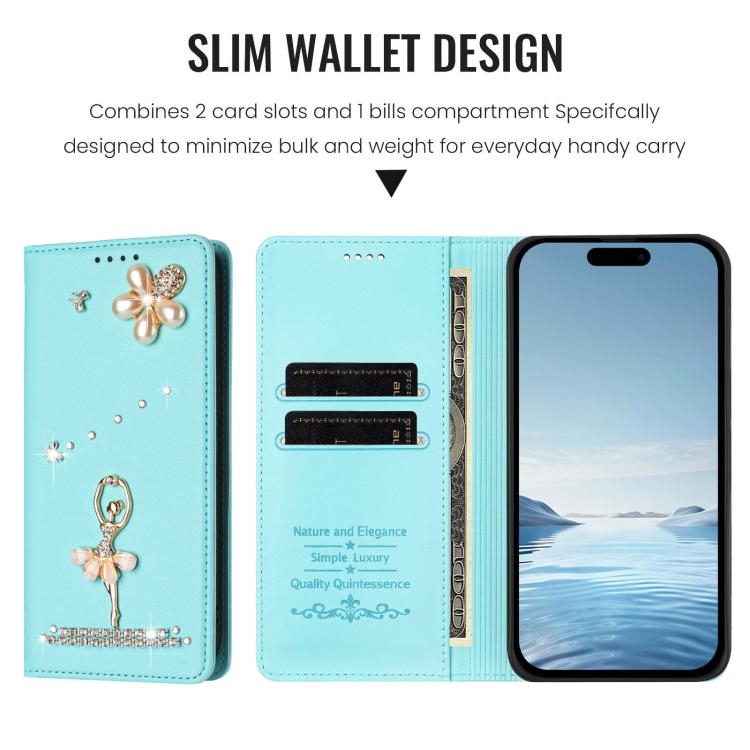 Ballet Girl Diamond Studded RFID Vegan Leather Phone Case, For iPhone 16 Pro, For iPhone 16 Plus, For iPhone 16, For iPhone 15 Pro Max, For iPhone 15 Pro, For iPhone 15 Plus