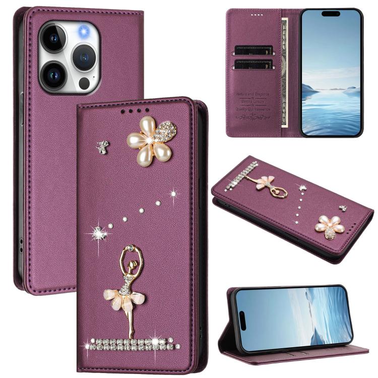 Ballet Girl Diamond Studded RFID Vegan Leather Phone Case, For iPhone 16 Pro, For iPhone 16 Plus, For iPhone 16, For iPhone 15 Pro Max, For iPhone 15 Pro, For iPhone 15 Plus