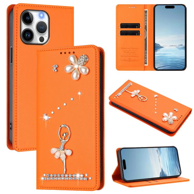 Ballet Girl Diamond Studded RFID Vegan Leather Phone Case, For iPhone 17e / 16e, For iPhone 17 Pro Max, For iPhone 17 Pro, For iPhone 17, For iPhone Air, For iPhone 16 Pro Max