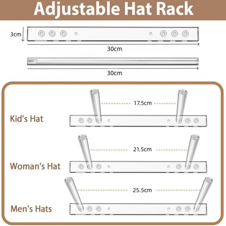 Wandmontiertes, klares Acryl-Cowboyhut-Lagerregal mit drei Löchern und verstellbarem Abstand, Einzelpackung, 2 Stück/Packung
