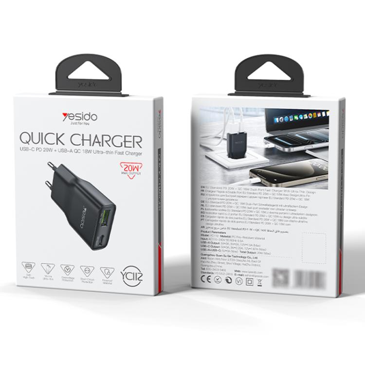 Yesido YC112 Ultra-thin 20W Dual-port PD QC Fast Charger, YC112