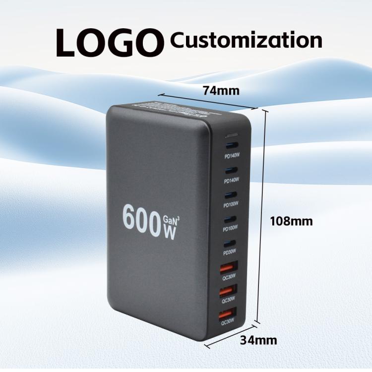 600W USB-C / Type-C und USB-A 8-Port Hochleistungs GaN Desktop Schnellladegerät, EU Stecker, US Stecker, UK Stecker, AU Stecker