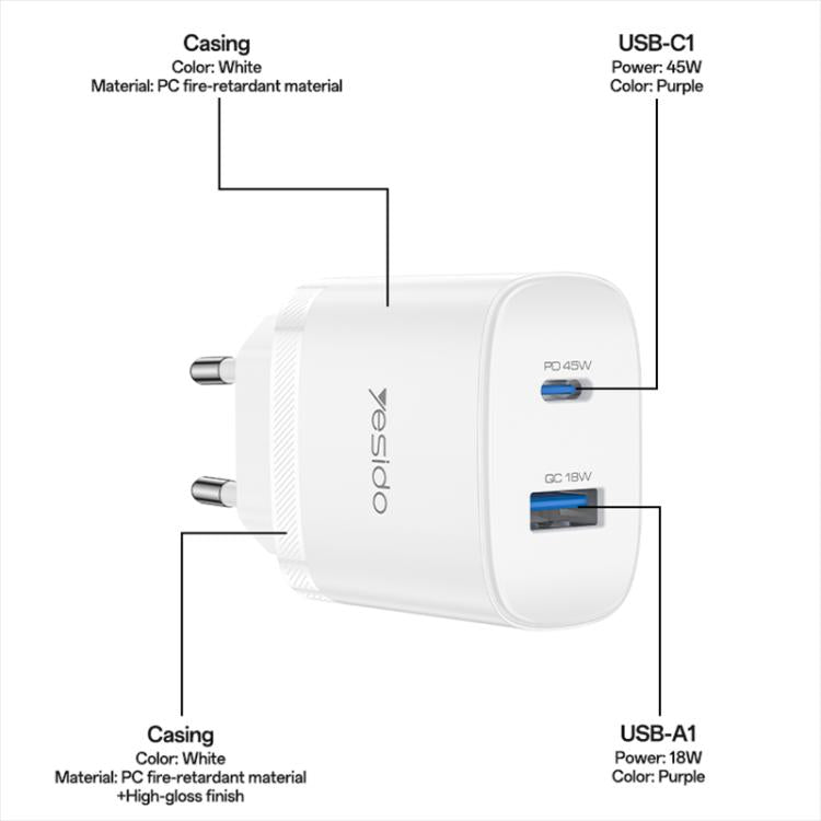 Yesido PD45W USB und Type-C Dual Interface Schnellladegerät Set, EU Stecker, UK Stecker, US Stecker